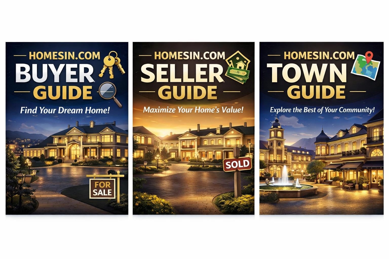 HomesIn Buyer, Seller, and Town Guide book covers